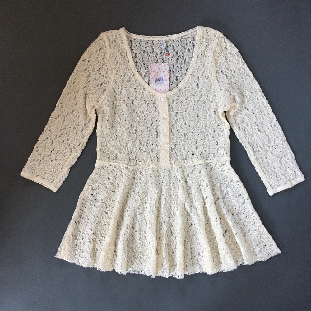 Free People Lace Peplum See Thru Button Top Long Sleeve NWT